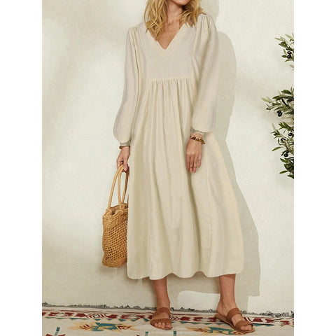 Women's cotton and linen loose lantern sleeve dress m301242