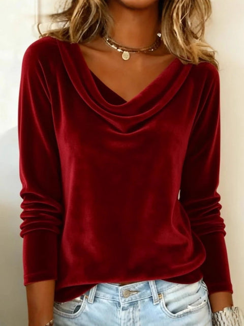 Fashion women's clothing new solid color swinging collar long-sleeved sexy velvet T-shirt m302189