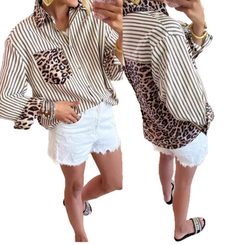 Fashion casual versatile long-sleeved leopard print splicing cardigan striped shirt top m302163