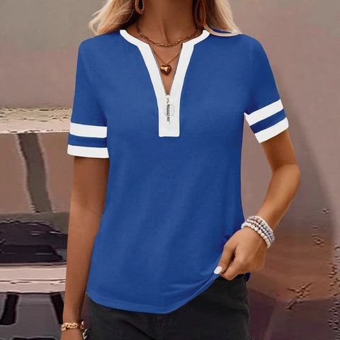Solid color spliced zipper top fashion casual T-shirt women's m301770