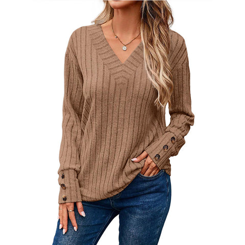 Women's Long Sleeve V-Neck Shirt Solid Color Button T-Shirt m300528