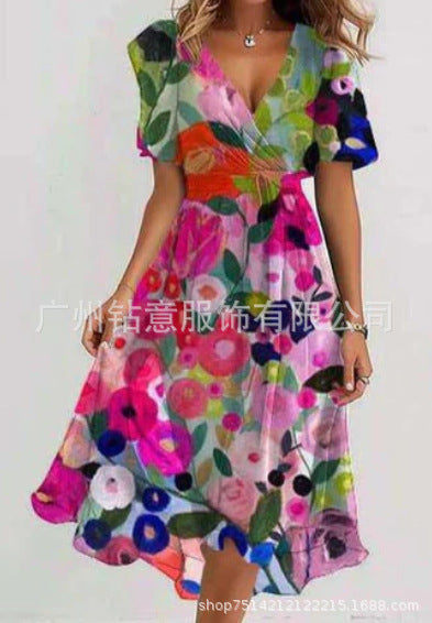 Casual comfortable V-neck floral new hot-selling printed dress m301703