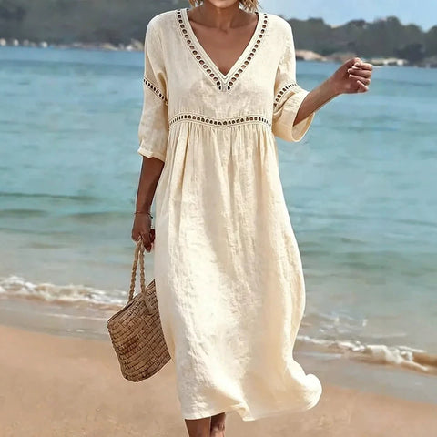 New elegant casual V-neck solid color medium-sleeved women's dress m303026