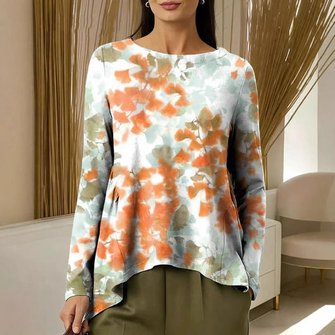 Women's Crew Neck Digital Print Long Sleeve Shrink Fold T-Shirt m302465