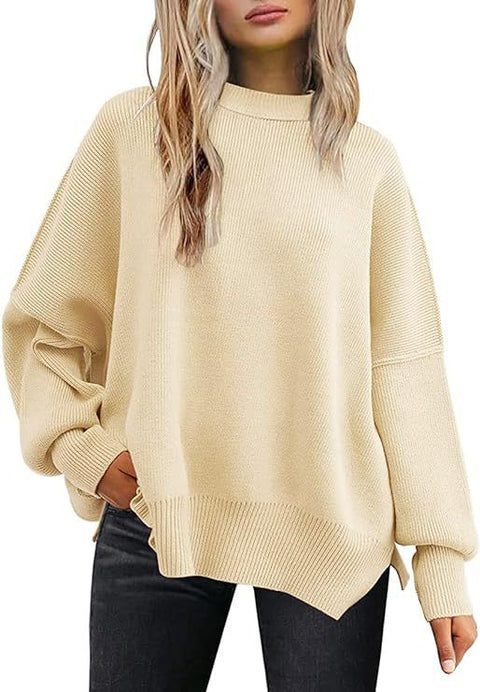 Crew neck bat wing long-sleeved sweater autumn knitted side slit jumper m301590
