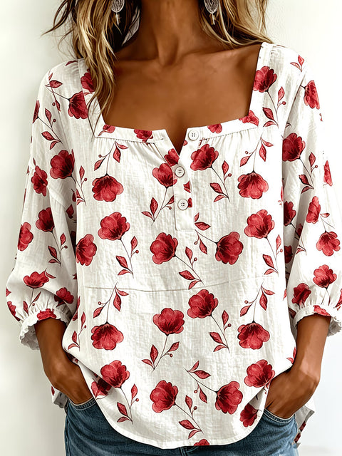Women's square collar button-down shoulder seven-quarter sleeve medium sleeve T-shirt trend m302838