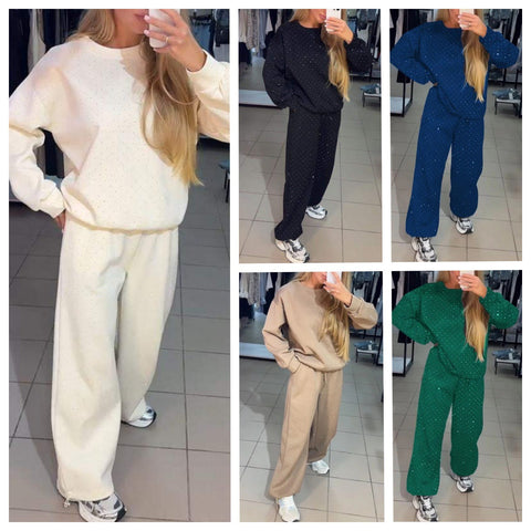 Women's casual round neck long sleeve full body hot diamond drawstring foot tie two-piece set m301499