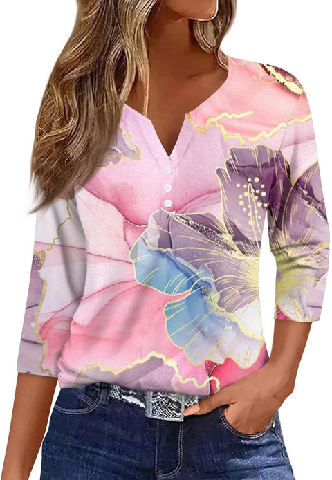 Marble pattern V-neck three-button seven-quarter sleeve women's clothing m300581