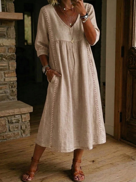 Loose v-neck splicing lace edge solid color medium sleeve dress m302991