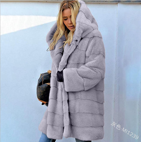 Street hipster no belt solid color long sleeve artificial fur hooded warm fur jacket autumn m302144