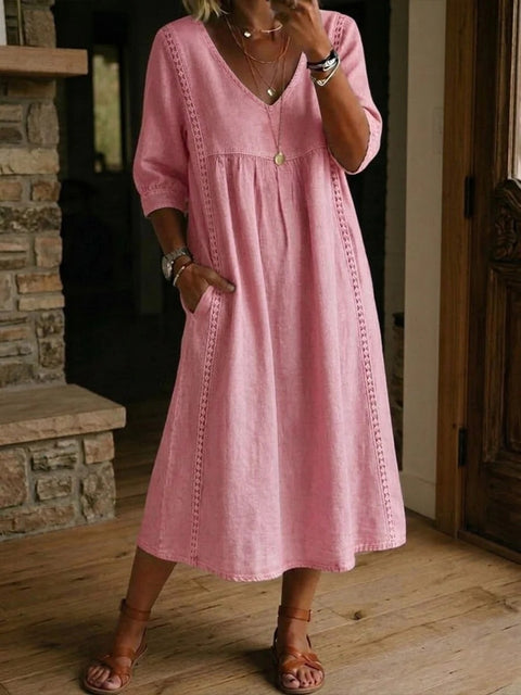 Loose v-neck splicing lace edge solid color medium sleeve dress m302991