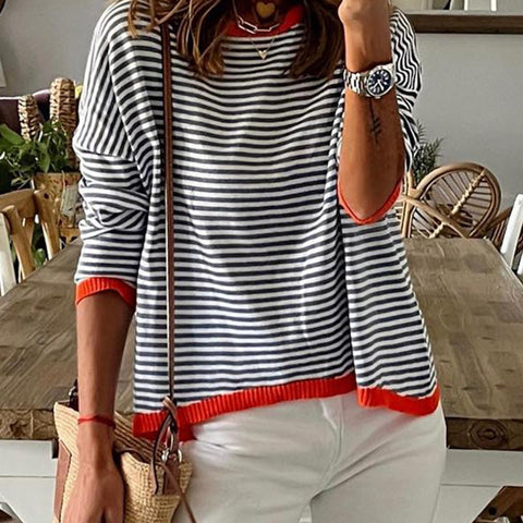 Striped Contrast Design Shoulder Long Sleeve Top m300491
