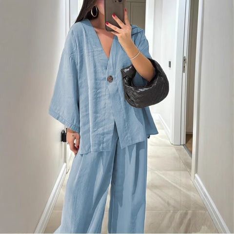 Fashion casual suit V-neck one-button loose long-sleeved top high-waisted trousers two-piece set m301966