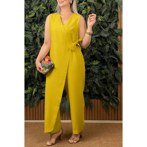 Solid color casual V-neck strap jumpsuit m303023