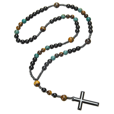 Natural stone black gallstone yellow tiger eye iron stone cross necklace hip hop necklace m3331291
