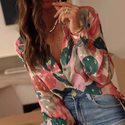 Casual summer new long-sleeved printed lapel shirt casual vacation women's shirt m301605