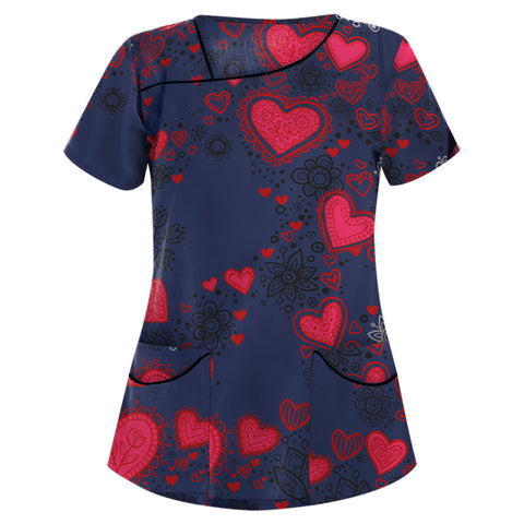 Printed V-neck short-sleeved pocket T-shirt women's top m301596