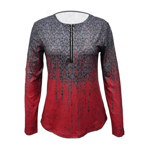 Fashion contrasting printed zipper neckline long-sleeved top m301613