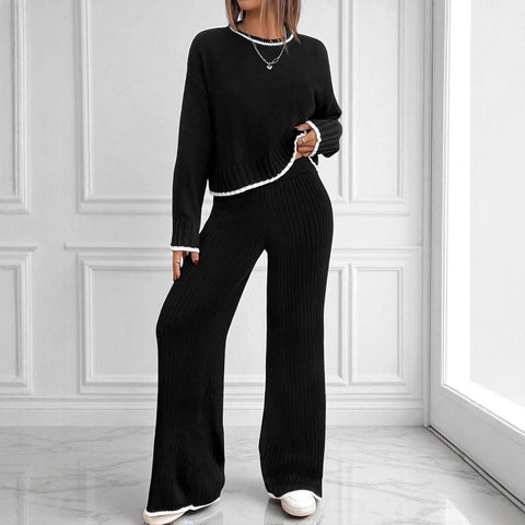 New fashion long-sleeved knitted top high-waisted wide-leg pants two-piece set m302090