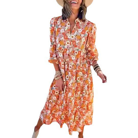 Loose long-sleeved V-neck women's bohemian floral elegant A-shaped dress m300573