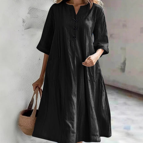 Dress Ladies medium and long V-neck half-sleeve cotton and linen loose version three-button pocket dress m302672