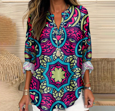 3D marble shading trendy V-neck shoulder shirt curved hem long sleeve m301292