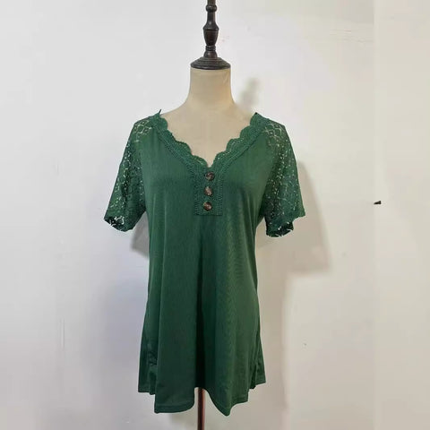 Comfort and Casual Lace Short Sleeve Stitching V-neck Pullover M300159