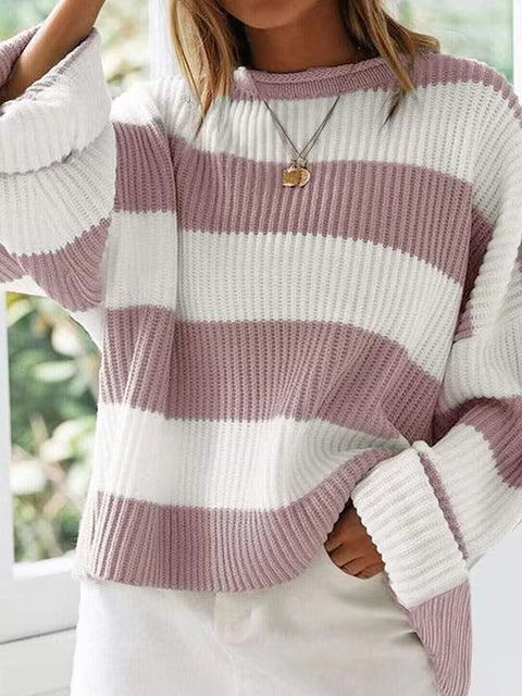 Crew neck long sleeve striped knitted sweater flared sleeve loose sweater women m301591