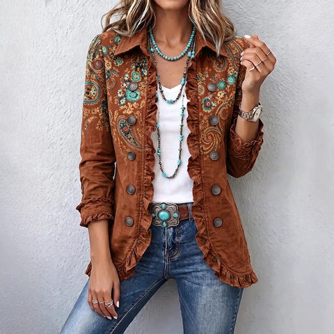 Women's fashion long-sleeved ruffle leaf open button cardigan FF303384 01
