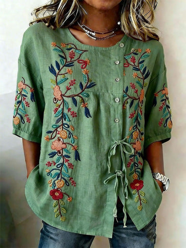 Color matching loose blouse five-button drawstring m302924