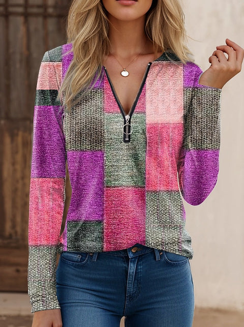 Casual loose print V-neck zipper long-sleeved cashmere T-shirt m300856