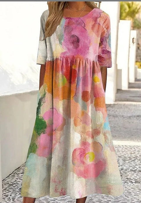 Up and down splicing pocket size printing large wide dress m302623