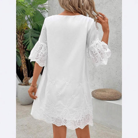 Hollow embroidery fashion casual lace v-neck five-quarter sleeve dress m301469