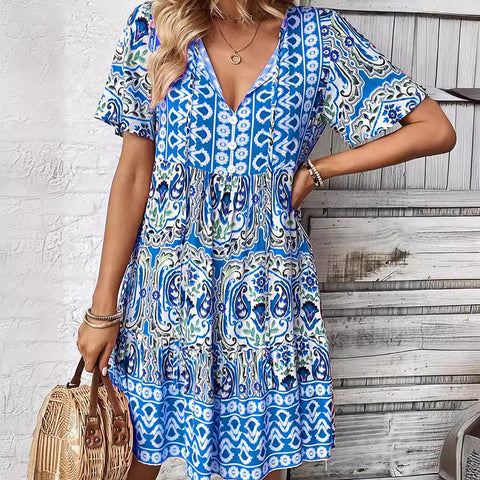 New V-neck dress fashionable loose bohemian print skirt m300994