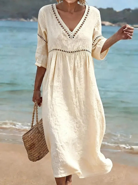 New elegant casual V-neck solid color medium-sleeved women's dress m303026