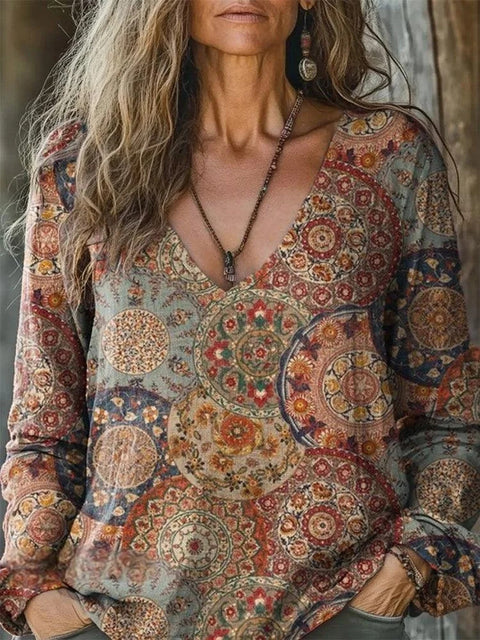 casual V-neck long-sleeved pullover loose digital printing women's top T-shirt m301736