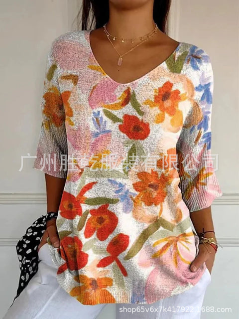 V-neck 3D printed geometric pattern five-quarter sleeve T-shirt top m302777