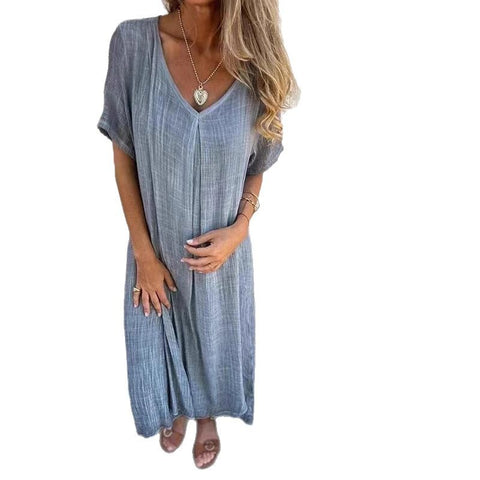 Fashion cotton and linen V-neck semi-formal dress m301062