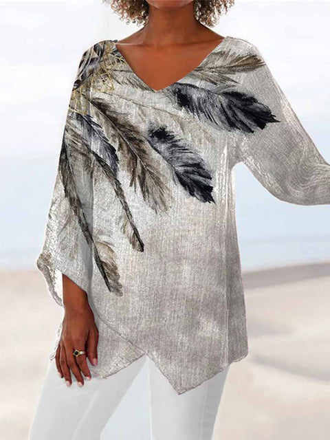 Women's printed animal natural scenery V-neck nine-quarter sleeve loose T-shirt m301289