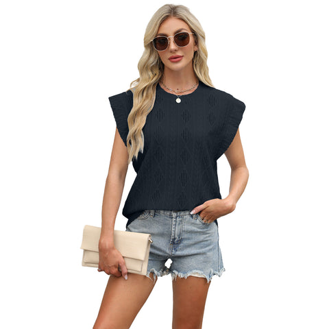 New round neck loose short-sleeved T-shirt jacquard top vest women's m301963
