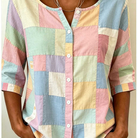 Women's Top Printed Casual Short Sleeve Collarless Shirt m303047