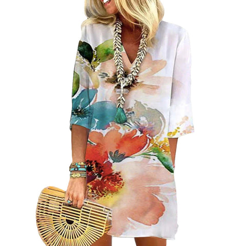 Medium sleeve watercolor small flower print pocket dress m300739