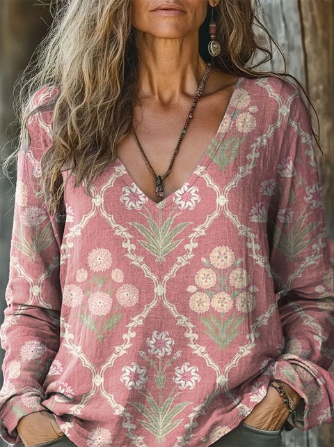 casual V-neck long-sleeved pullover loose digital printing women's top T-shirt m301736