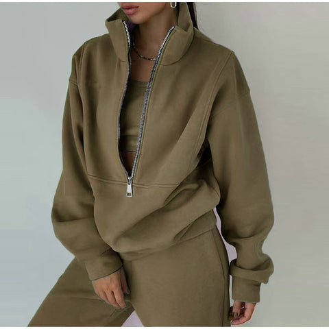 Casual sports home loose and comfortable zipper fleece knitted sweater sweatpants two-piece women's clothing m301654