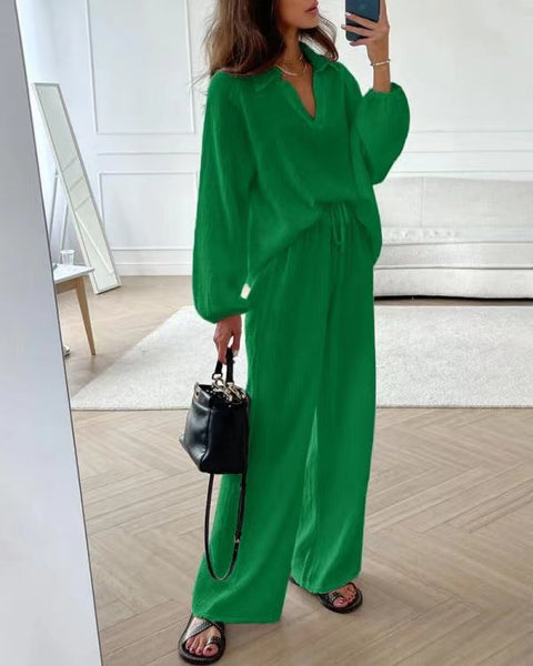 Elegant women's casual loose suit women's long-sleeved top + drawstring trousers suit autumn lapel two-piece set m301184