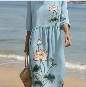 Women's medium and long sleeves side bag crew neck dress seaside vacation loose dress m302606