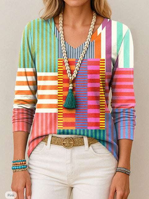 Printed loose long-sleeved V-neck T-shirt m301566