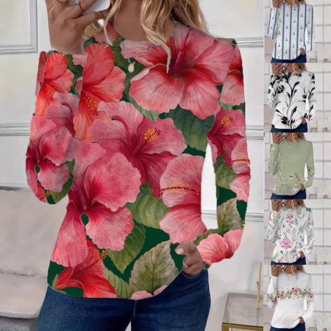 Women's Loose Fashion Retro Classic Printed Crew Neck Long Sleeve T-Shirt m301237