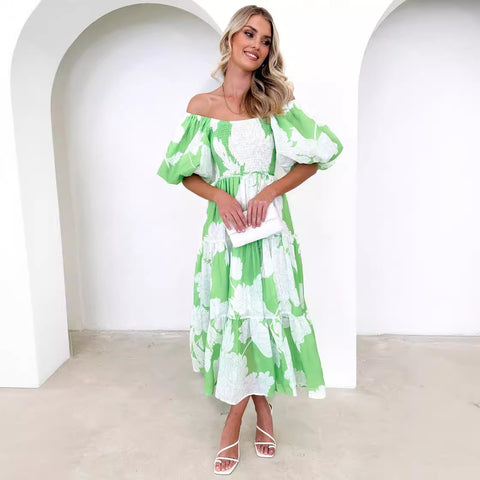 Elegant Floral-Print off-Shoulder Puff Sleeve Fashion Dress M300289