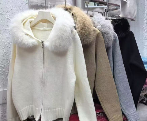 Hooded fur collar splicing knitted sweater jacket women's autumn and winter simple cardigan m302131